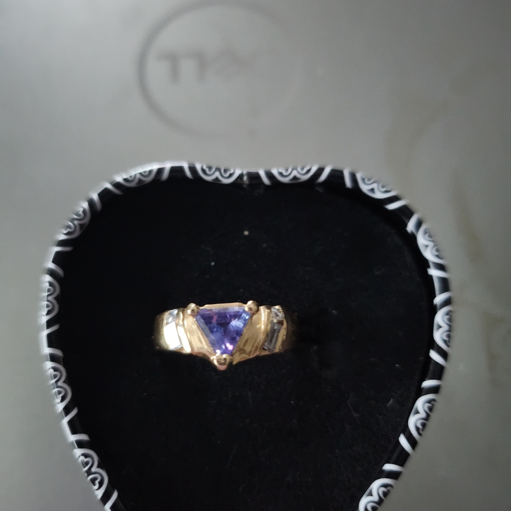 Trillion Cut Tanzanite Ring With Bagettes and Diamonds 14kt Gold